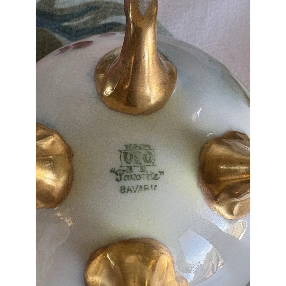 VTG Signed UNO Favorite Bavaria Hand Painted Sugar Creamer Rose Floral Gold Trim